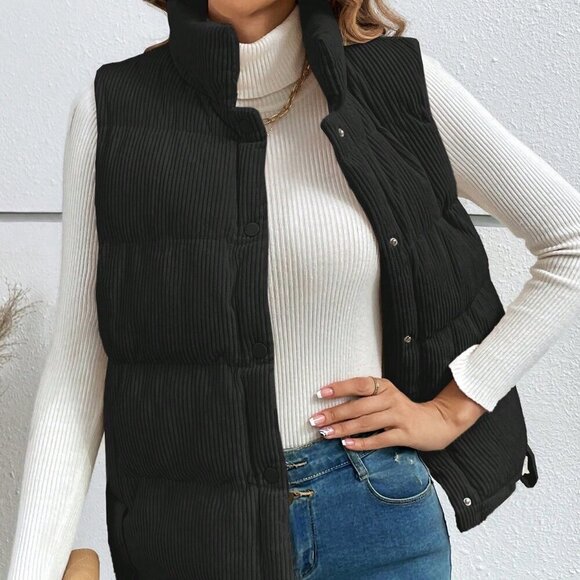 Black Casual Women's Minimalistic Button Up Padded Coat Vest - Picture 4 of 7